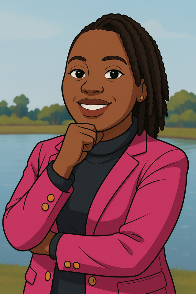 Cartoon portrait of Ketly in her pink blazer by the water